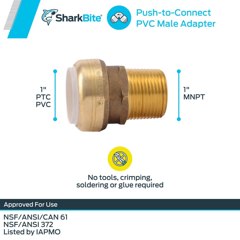 SharkBite 1 Inch PVC x 1 Inch MNPT Adapter, Push to Connect Brass Plumbing Fitting, PEX Pipe, Copper, CPVC, PE-RT, HDPE, UIP140A - Image 3